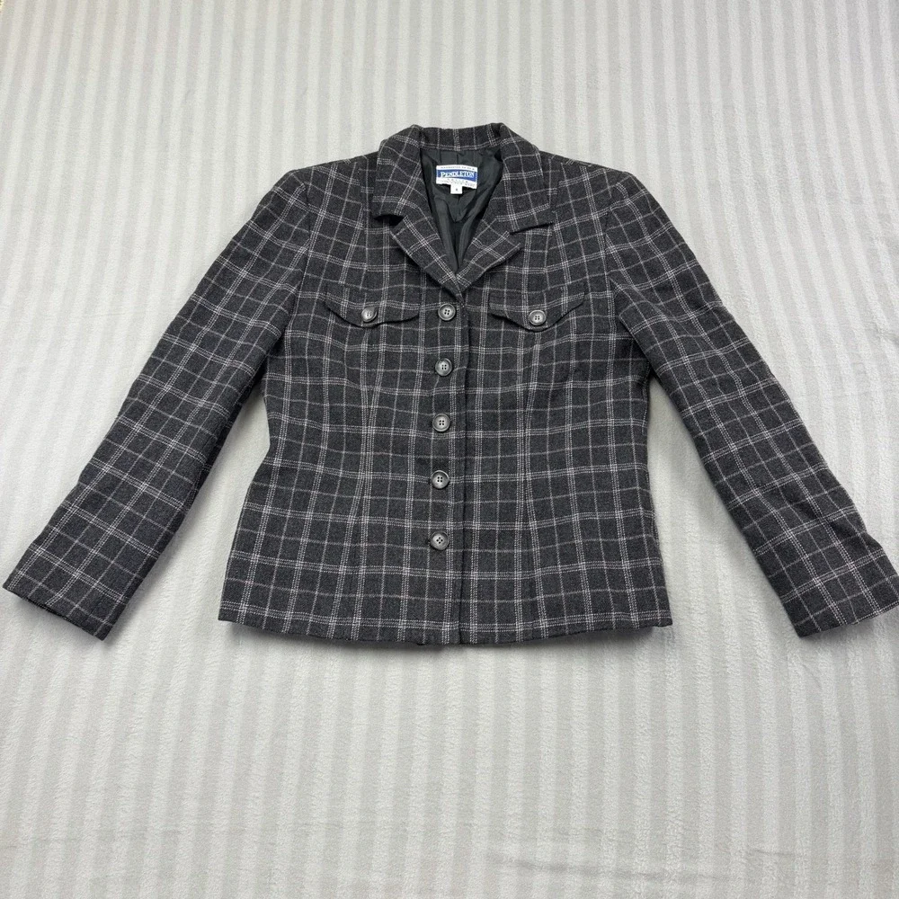 VTG Pendleton Blazer Womens 8 Petite Virgin Wool Windowpane Plaid Shoulder Pads
